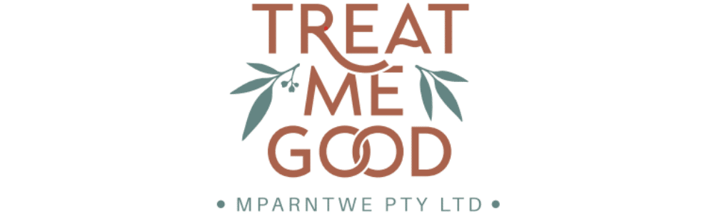 Logo with the text "Treat Me Good" in large letters, decorated with green leaves, and "Mparntwe Pty Ltd" in smaller letters below.